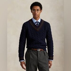 NWT Polo Ralph Lauren Men's The Iconic Cricket Cable Knit Sweater Navy Mu Medium